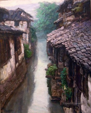 中国 Painting - zg053cD146 中国南部の河畔町山水の中国の風景